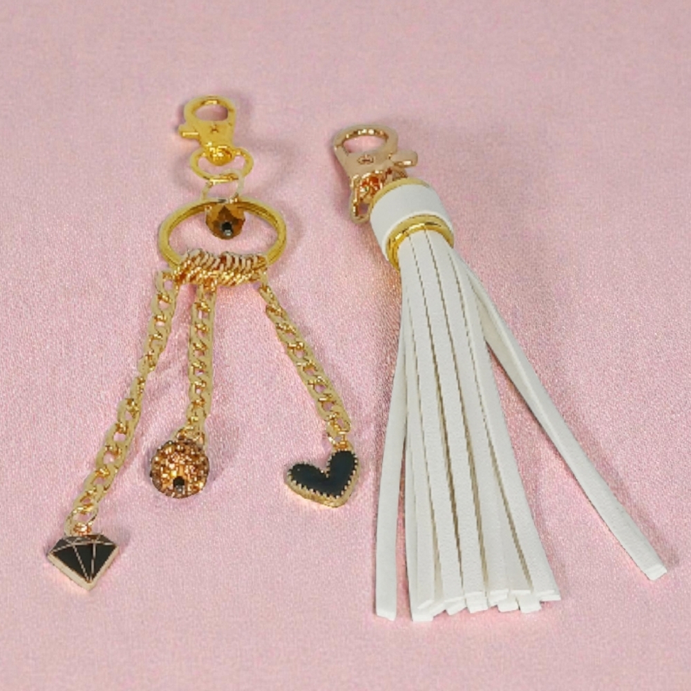 Bag Charm Purse Accessory Gold Black White Tassel Glam Luxe Bling Ice It Girl